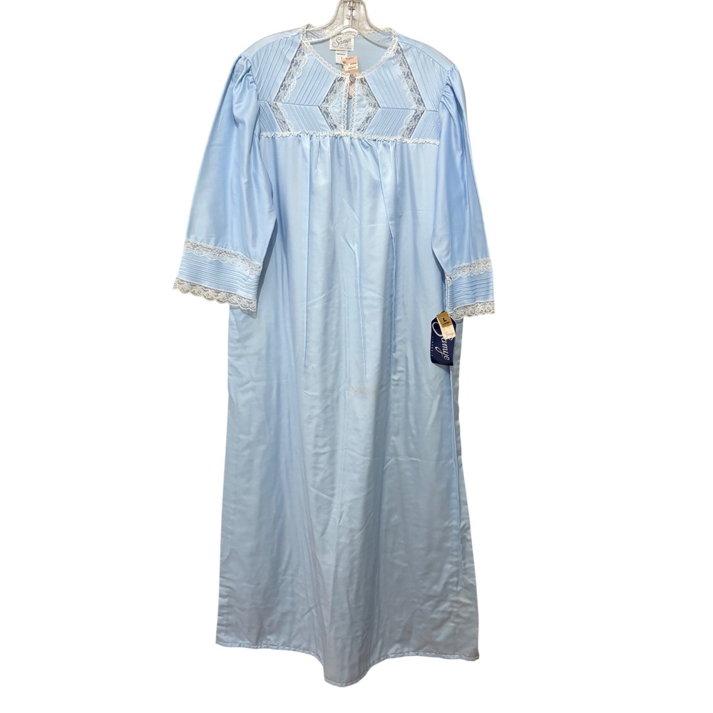 Vintage Samye Nightgown Blue Lace Pintuck Long Sleeve Brushed Back Lingerie USA
